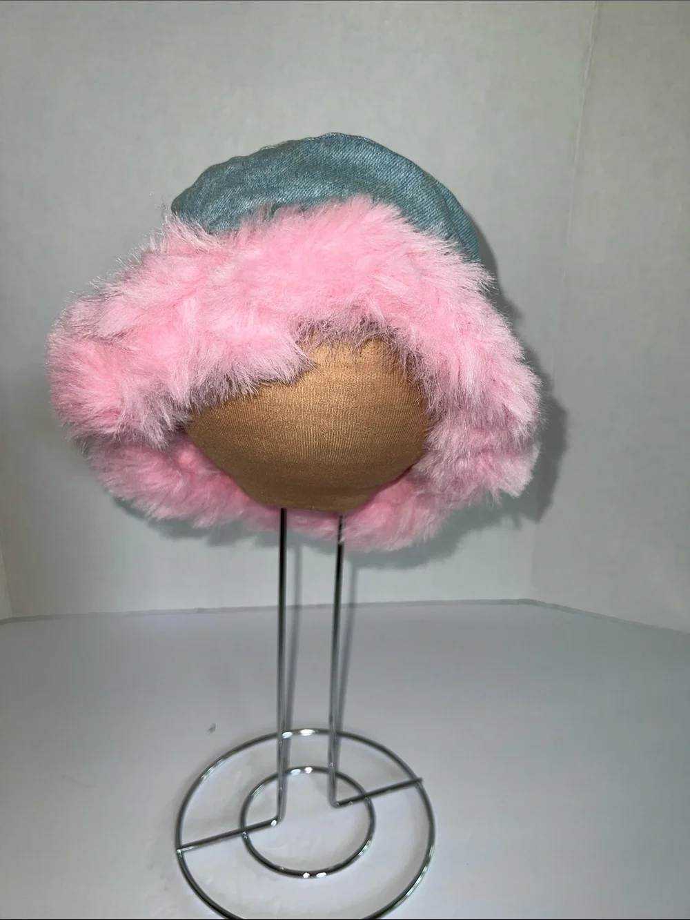 Kids Blue Denim Bucket Hat with Pink Faux Fur Trim